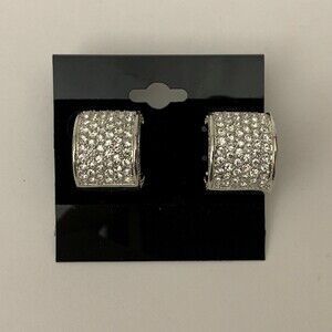 Crystal Crescent Earrings Clear Pave Rhinestones Silver-Tone NWOT 1/2" Wide